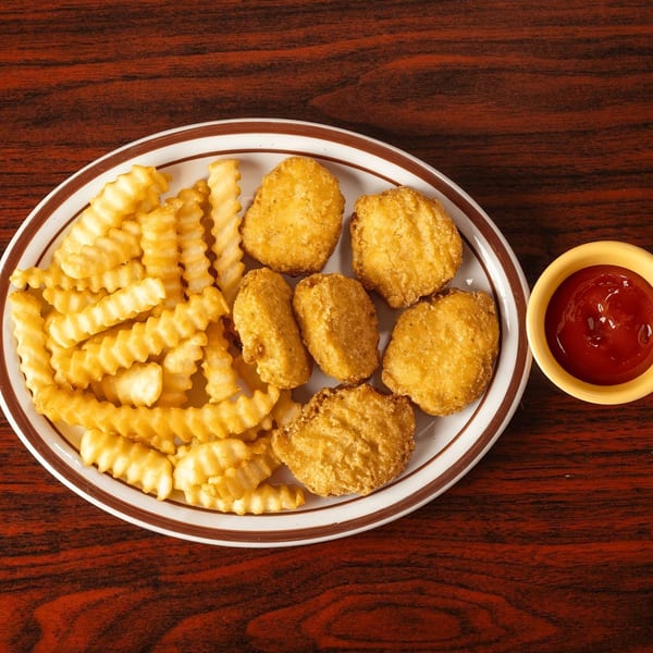 A plate of golden chicken nuggets and crinkle-cut fries with a side of ketchup on a wooden table.