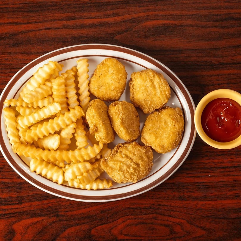 A plate of golden chicken nuggets and crinkle-cut fries with a side of ketchup on a wooden table.
