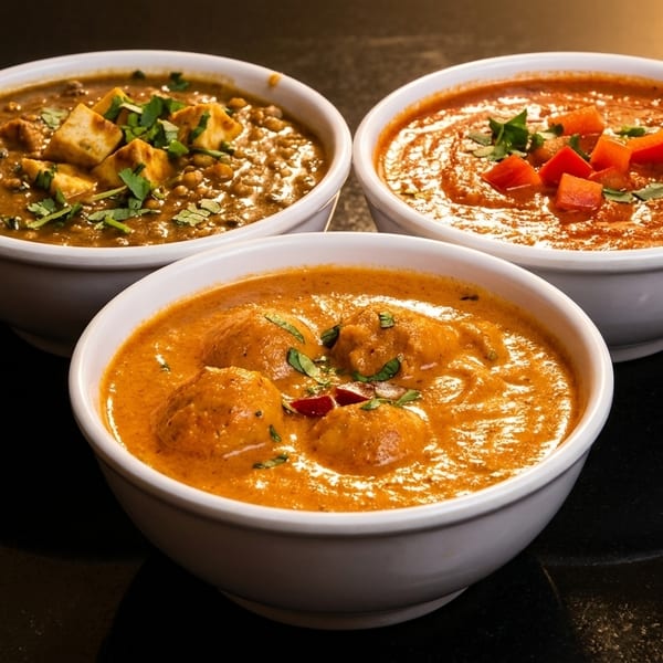 Three bowls of Indian curries: dal makhani, malai kofta, and paneer butter masala, on a dark surface.