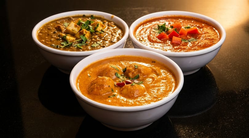 Three bowls of Indian curries: dal makhani, malai kofta, and paneer butter masala, on a dark surface.
