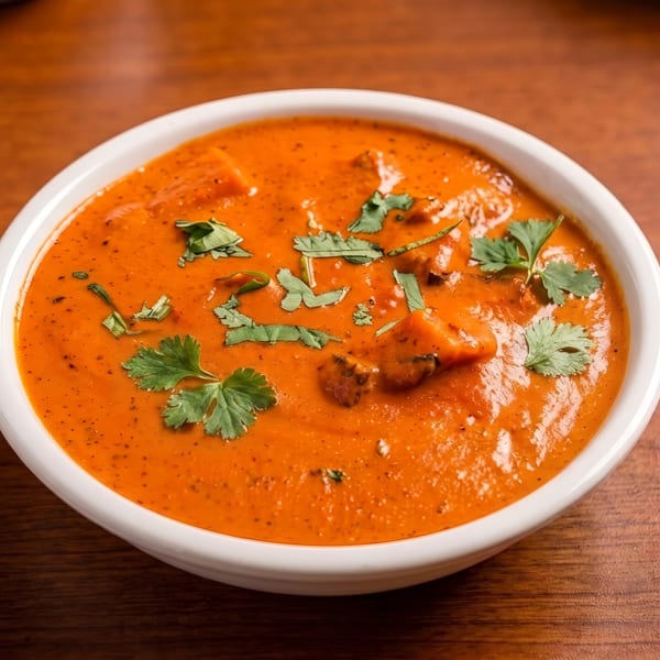 A white bowl filled with orange curry, garnished with fresh green cilantro, on a wooden table.