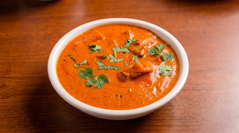 A white bowl filled with orange curry, garnished with fresh green cilantro, on a wooden table.