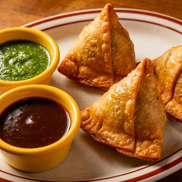 Three golden-brown samosas and two yellow bowls of green and brown chutneys on a white plate.