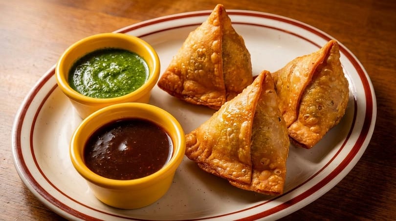 Three golden-brown samosas and two yellow bowls of green and brown chutneys on a white plate.