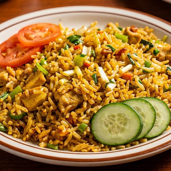 A plate of chicken fried rice with sliced tomatoes and cucumbers on a wooden table.