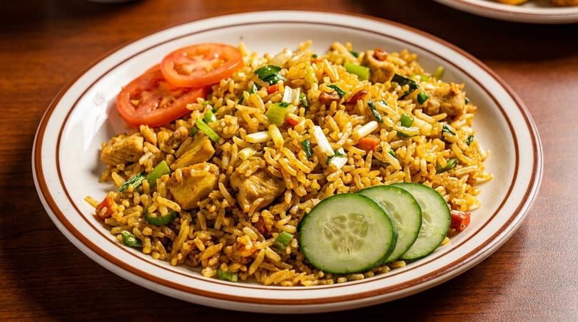 A plate of chicken fried rice with sliced tomatoes and cucumbers on a wooden table.