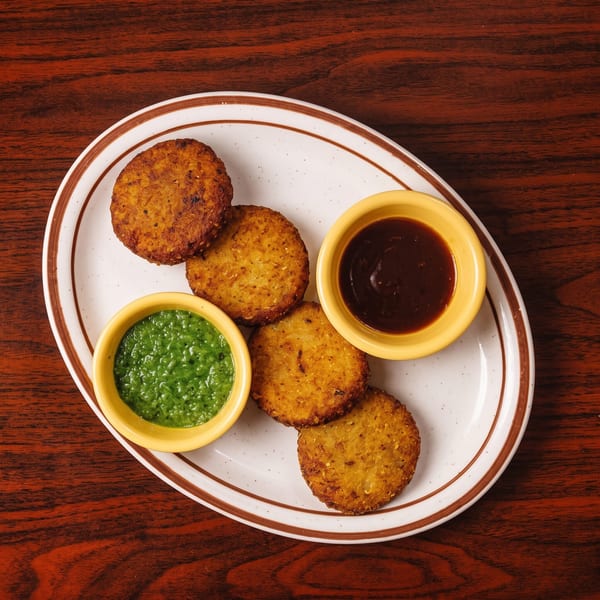 Crispy golden-brown potato patties, aloo tikki, with green chutney and tamarind sauce on a white plate.