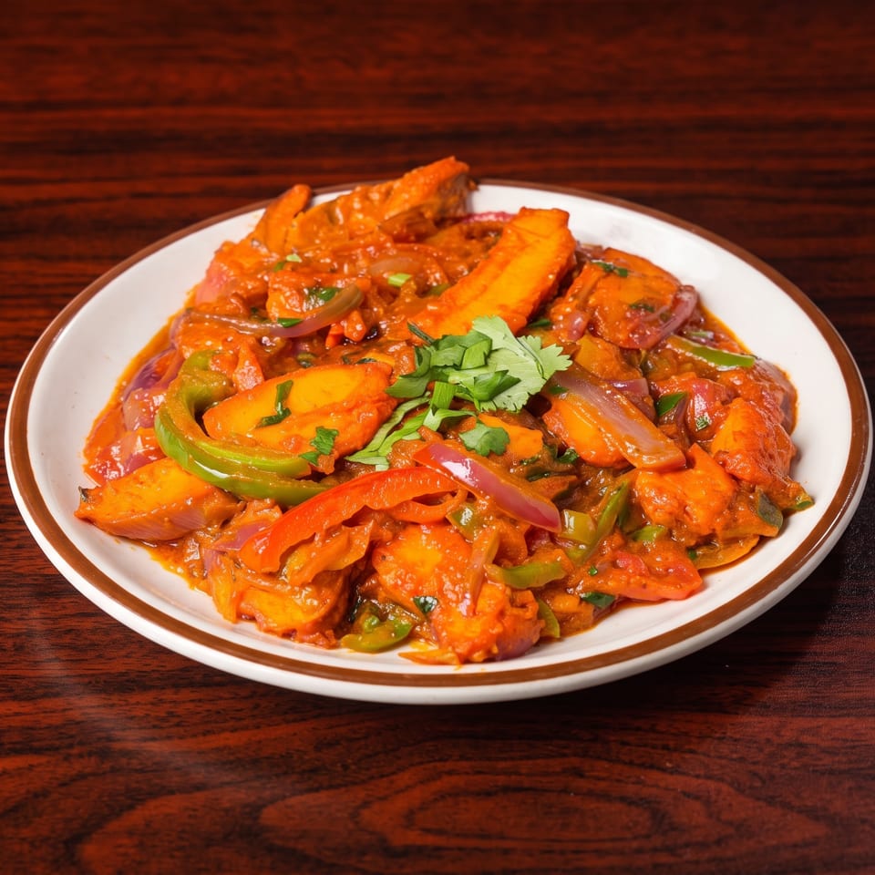 A plate of chili paneer, with red and green peppers, onions, and cilantro, on a wooden table.