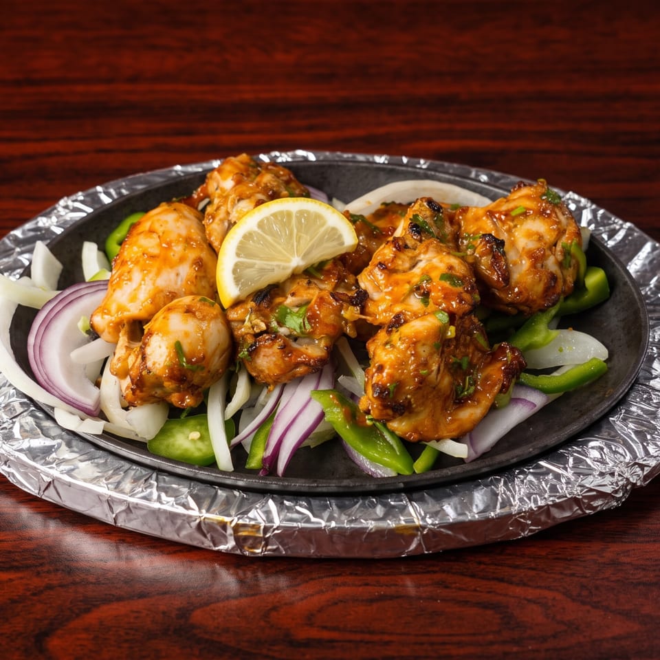 Sizzling chicken tikka with onions, green peppers, and a lemon slice on a foil-wrapped platter.